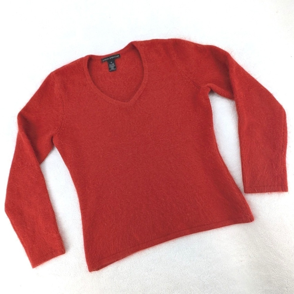Sarah Spencer Red Orange Vintage Angora‎ Blend Fuzzy V-Neck Sweater Size M
